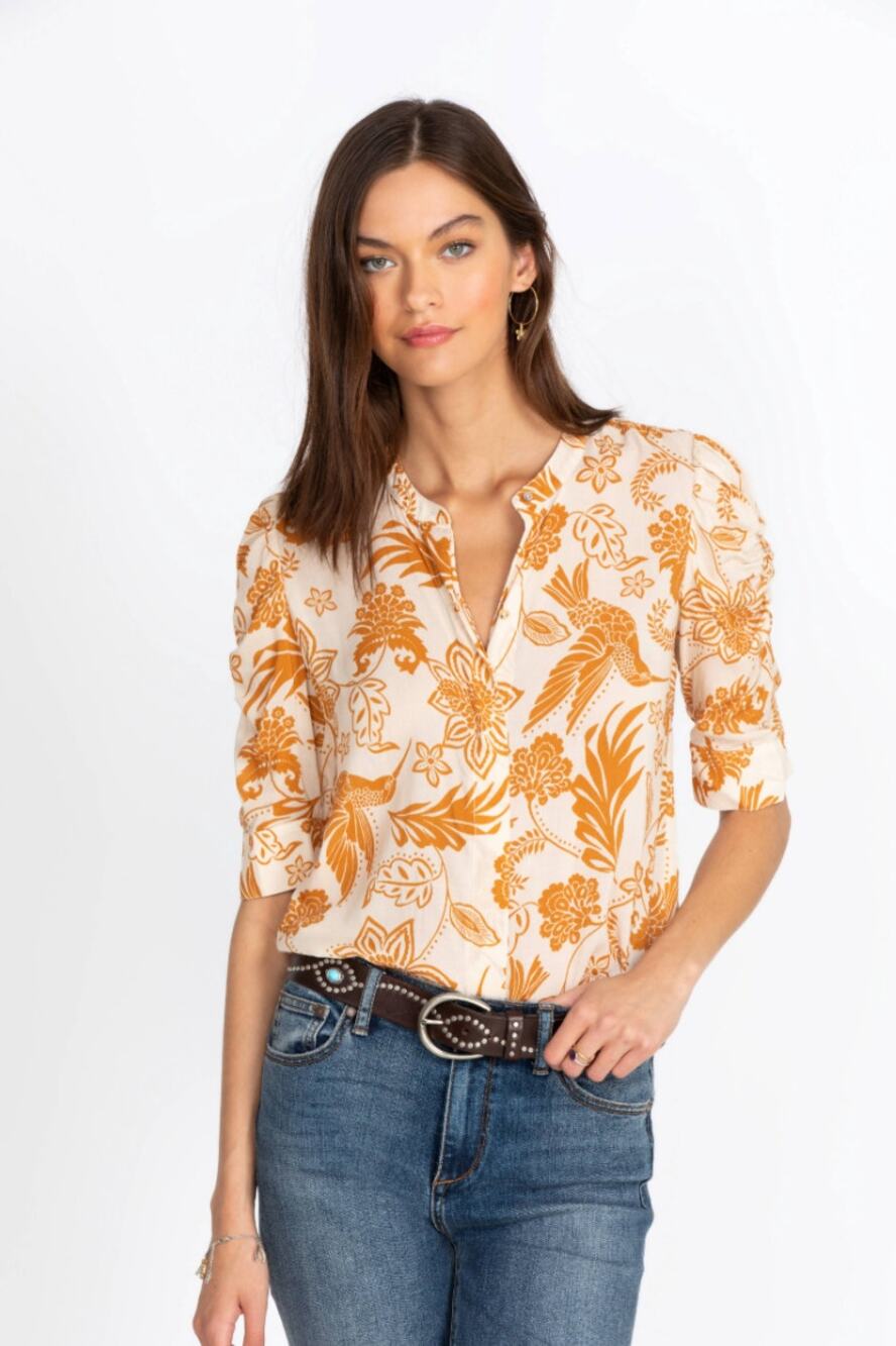 JOHNNY WAS Jade Pearl Button Down Shirt Gold Floral Sz S $190 {G41}